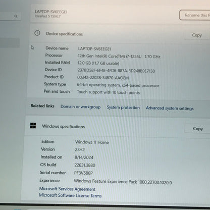 Lenovo Ideapad 5 15IAL7 15.6" i7-1255U 1.7GHz 12GB RAM 256GB SSD