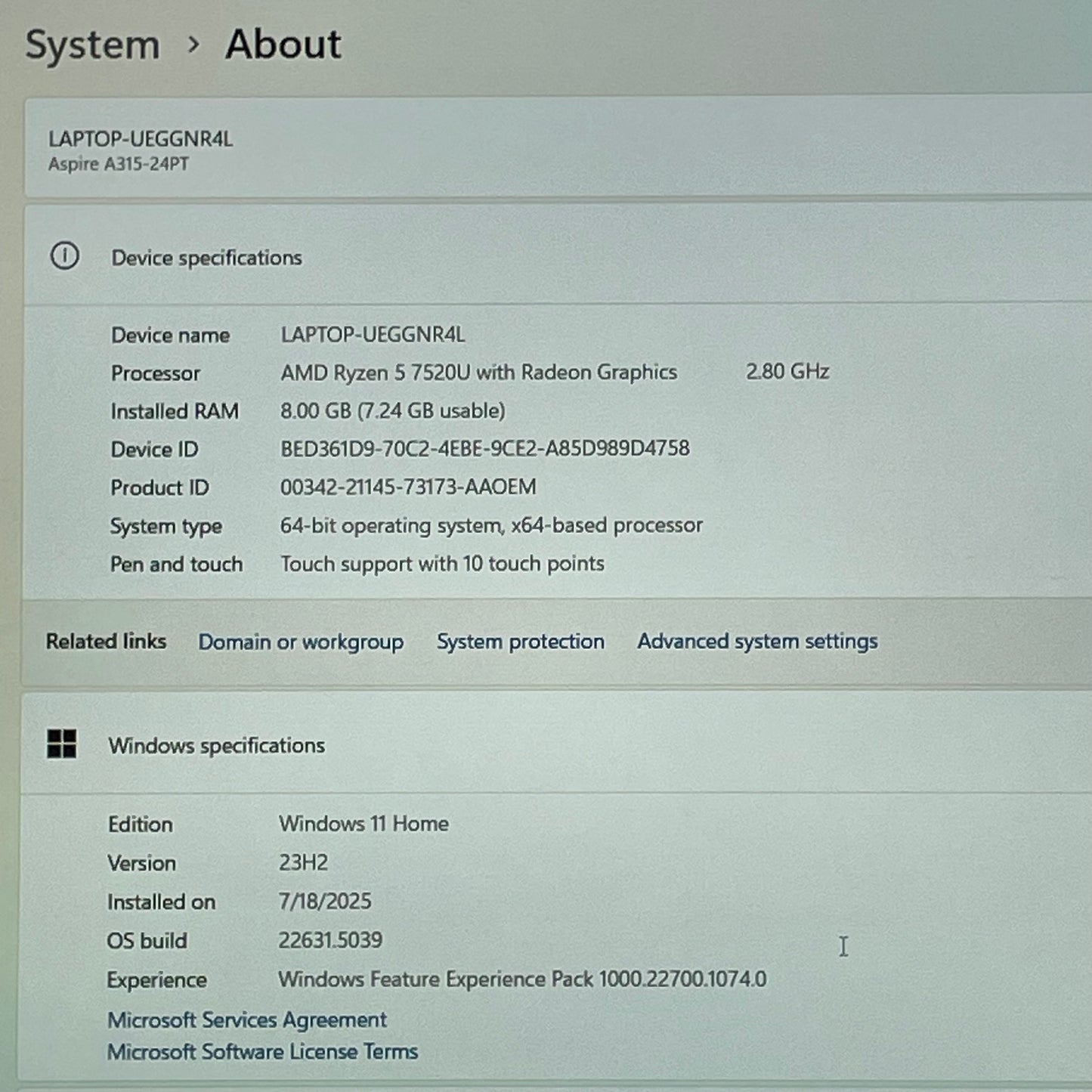 Acer Aspire 3 15 N23C3 15.6" Ryzen 5 7520u 2.8GHz 8GB RAM 512GB SSD