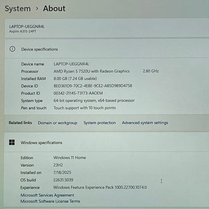Acer Aspire 3 15 N23C3 15.6" Ryzen 5 7520u 2.8GHz 8GB RAM 512GB SSD