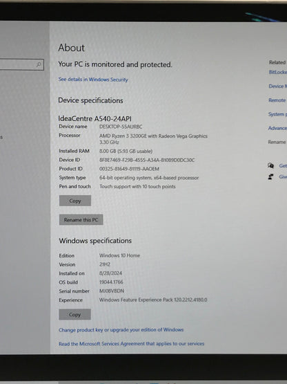 Lenovo A540-24API F0EM0003US Ryzen 3 3200GE 3.30GHz 8GB RAM 256GB SSD