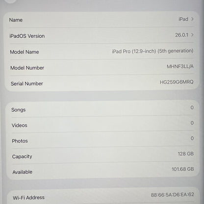 WiFi Only Apple iPad Pro 12.9" 5th Gen 128GB Space Gray MHNF3LL/A